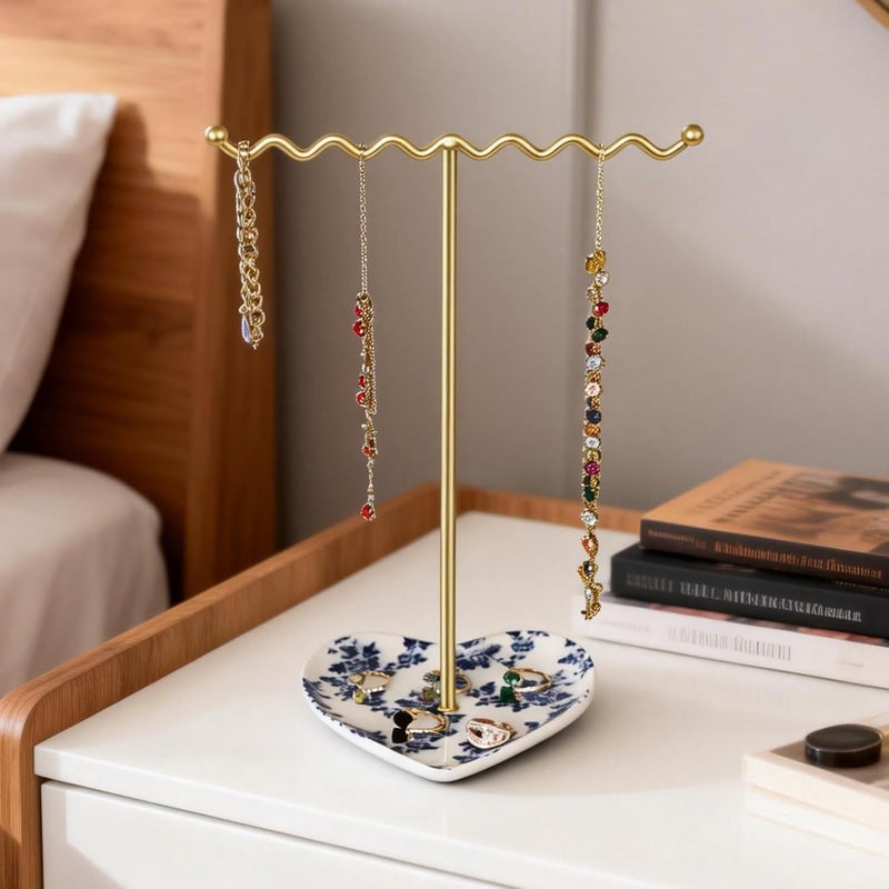 Saydear Elegant Jewelry Holder Tree Stand with Ceramic Tray - Metal Necklace Holder Organizer for Rings Bracelets Earrings - Tangle Free, Rustproof Decorative Display for Vanity Dresser Blue and White - Image 2